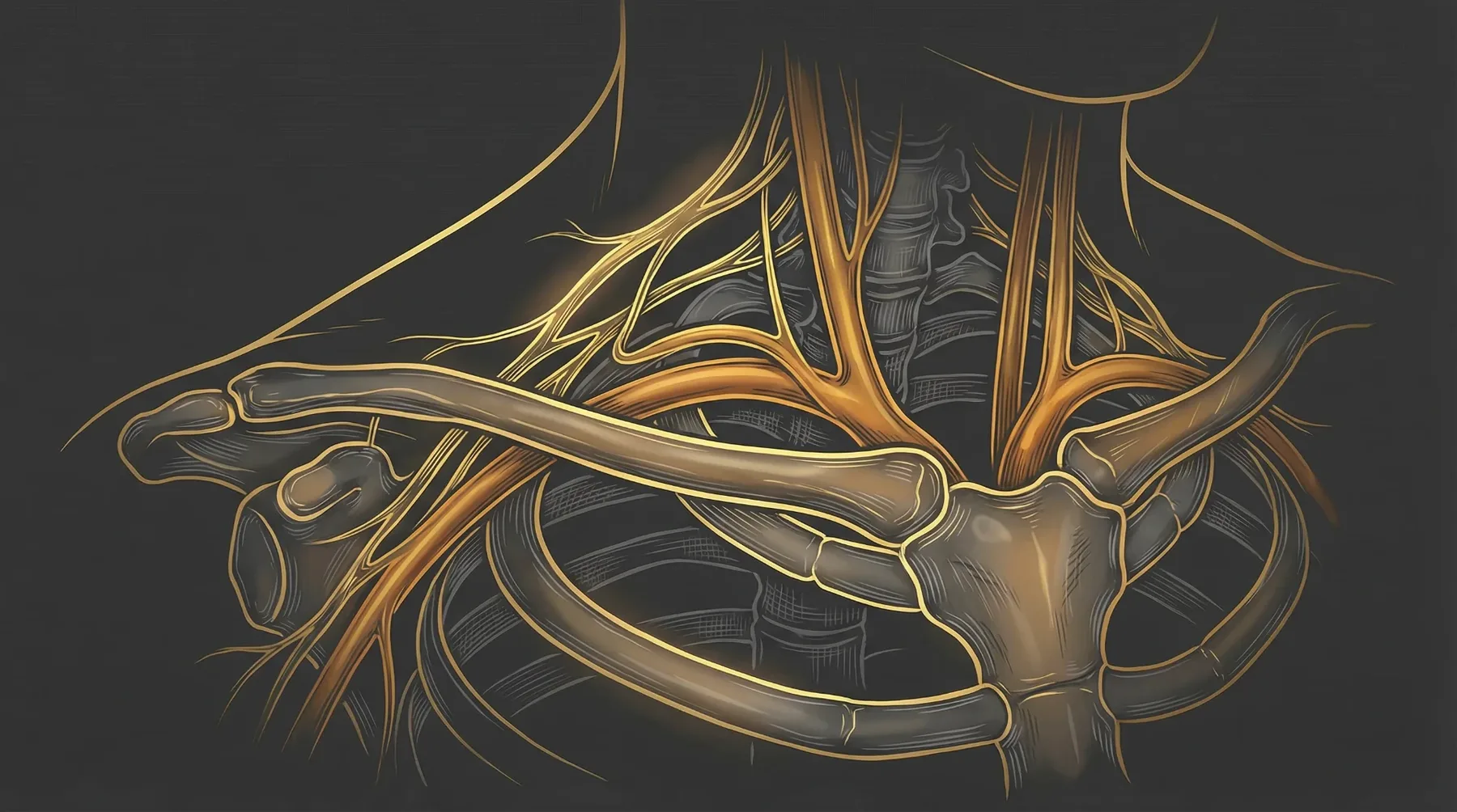 Ilustração anatômica do desfiladeiro torácico com clavícula, costelas, nervos e vasos